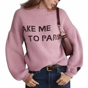 Maeve Anthropologie Take me to Paris Purple Knit Graphic Pullover Sweater Size S
